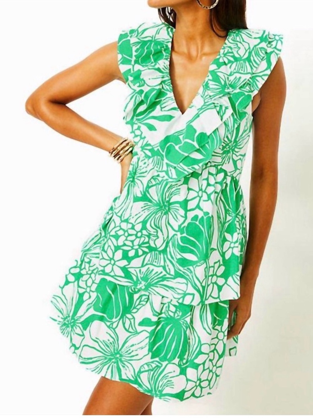 Lilly Pulitzer Ritamarie Green & White Floral Ruffle Mini Dress Sz 6 100% Cotton